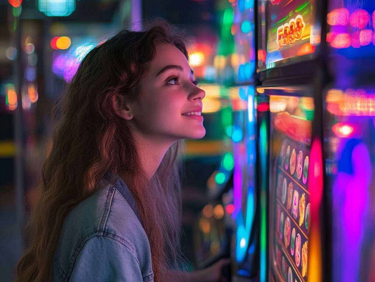 Young woman enjoying slot games at F999 casino