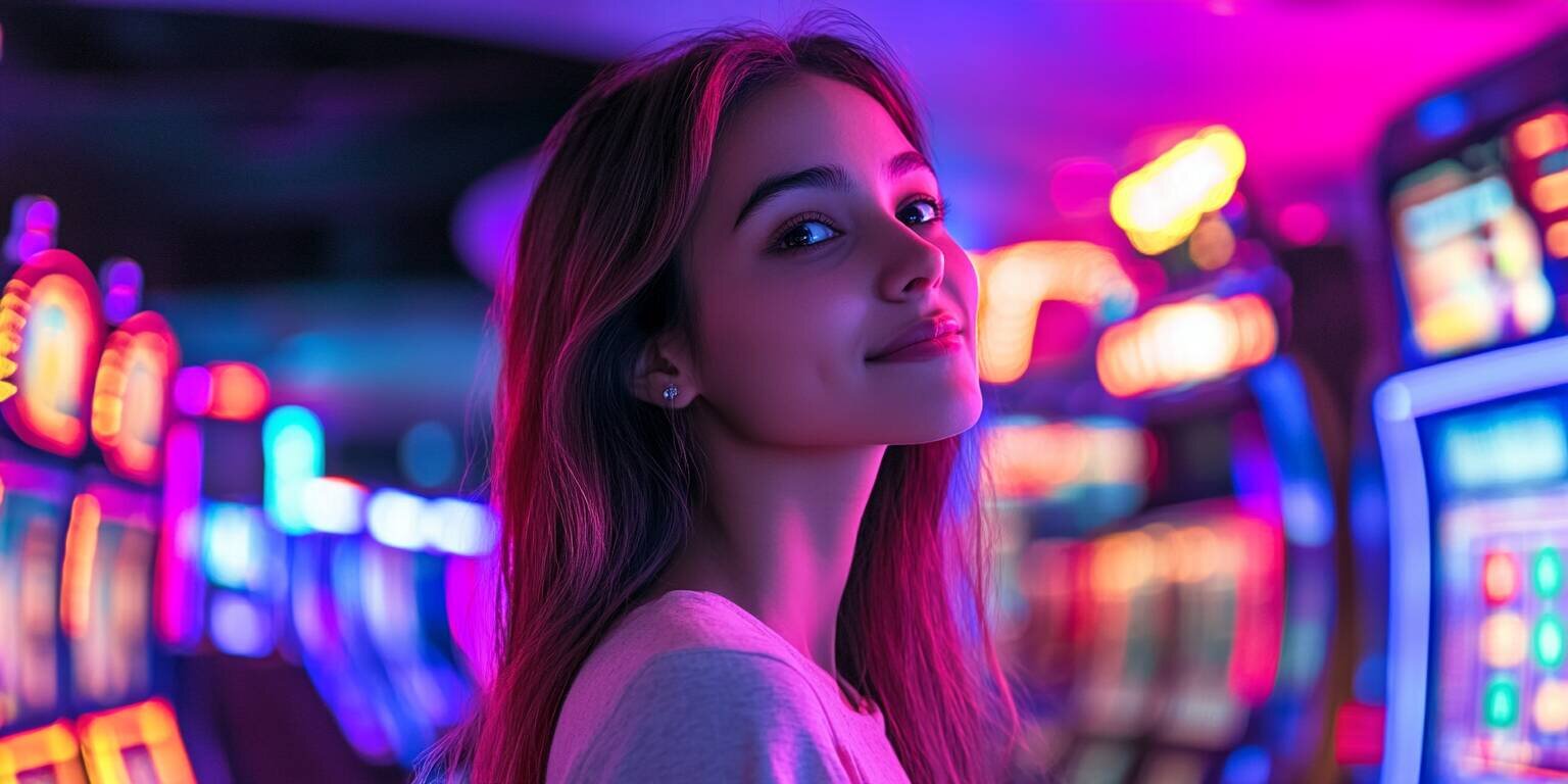 Young woman in front of F999 casino entrance, representing a vibrant gaming environment