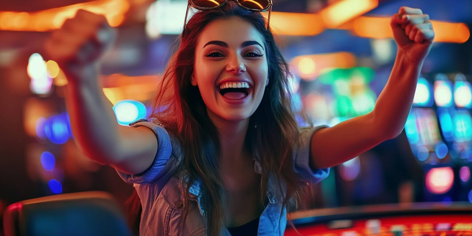 Young woman celebrating a win at F999 casino table